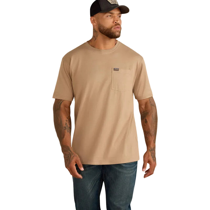 Ariat Work Cotton Strong short-sleeve pocket t-shirt in greige, front view, available in big and tall sizes