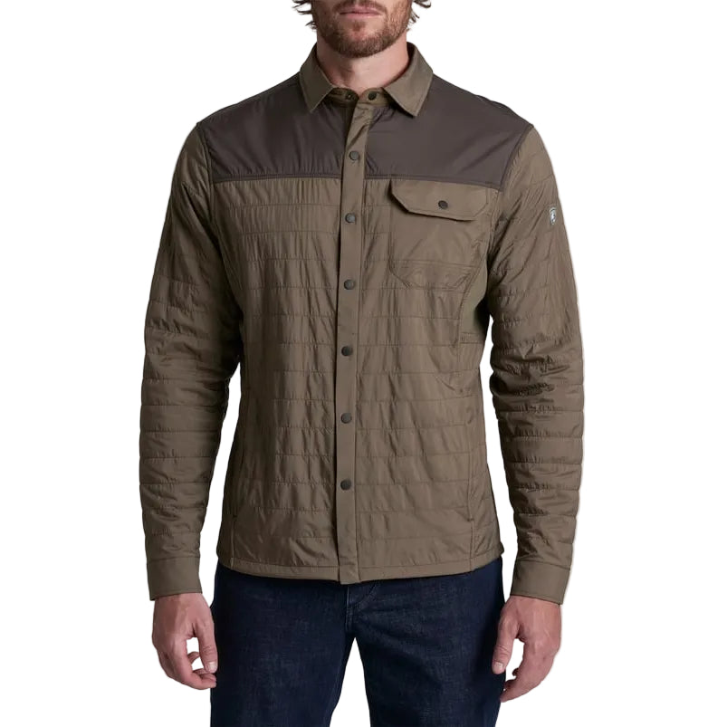 Brown button-up shirt worn by a person on a white background