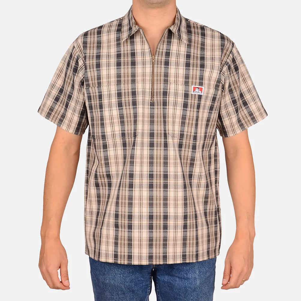 1/2 Zipper Short Sleeve Plaid - Khaki/Grey