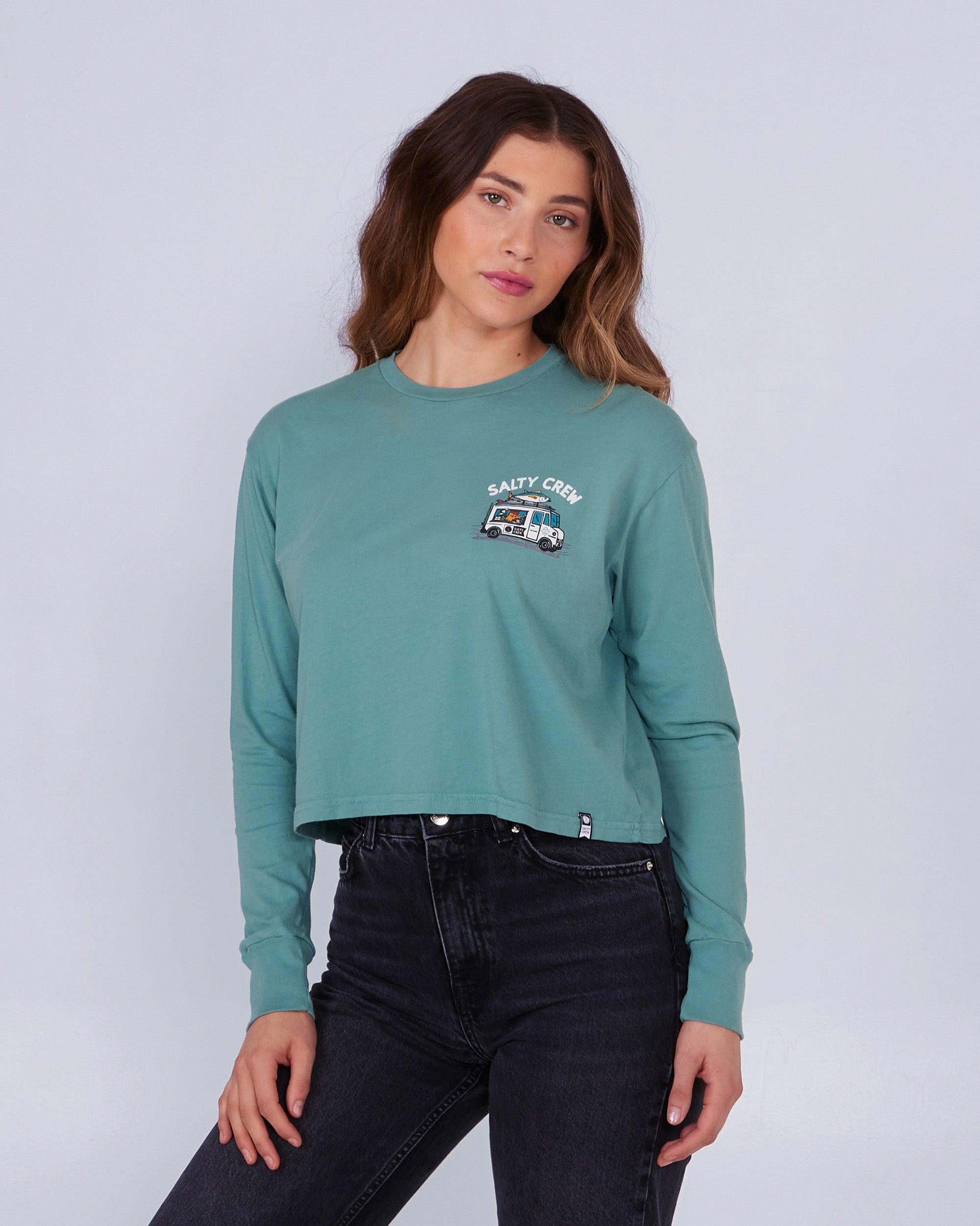 Reels and Meals L/S Crop Tee - Dusty Turq - Purpose-Built / Home of the Trades