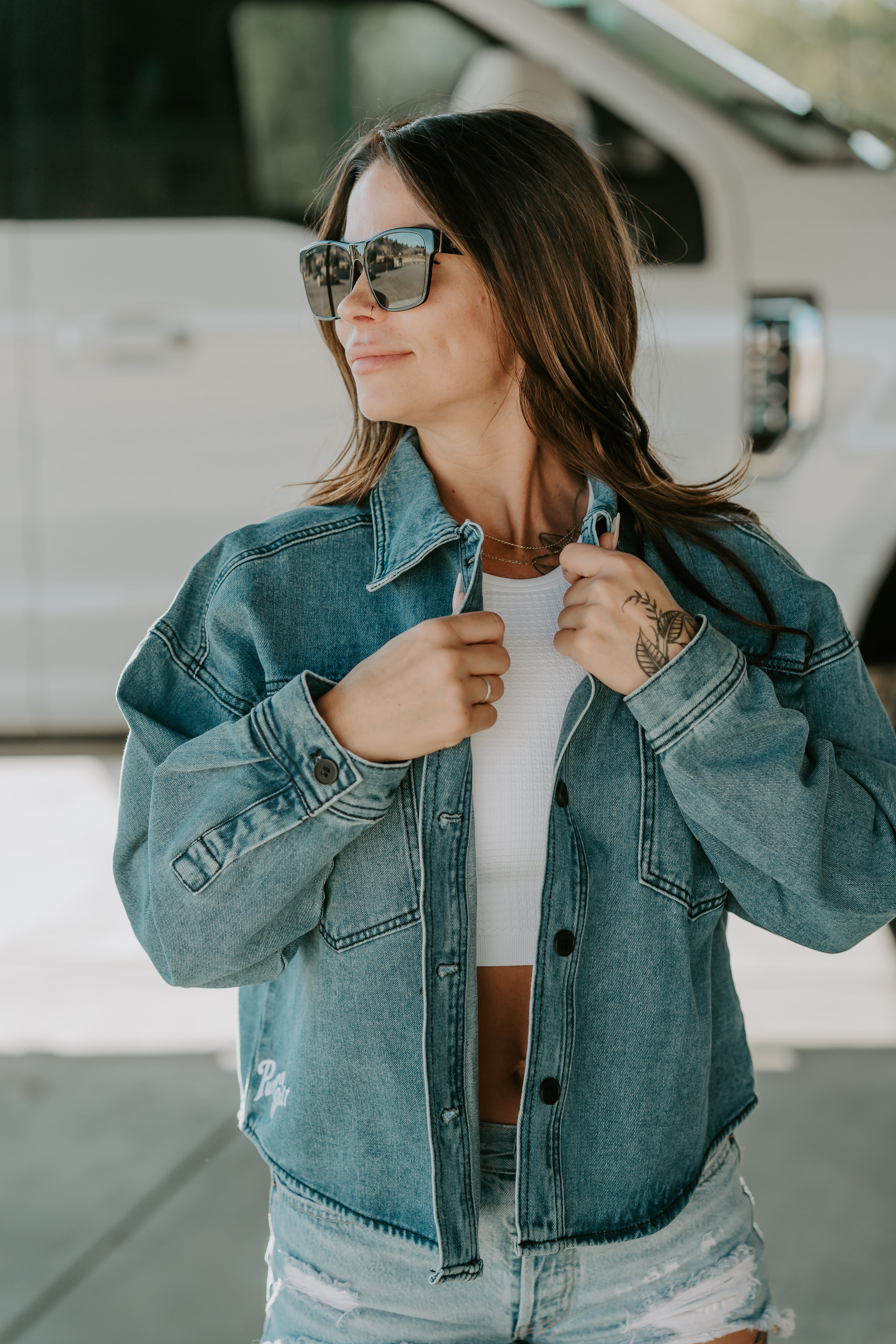 jacket with built in goggles See You Later Jean Jacket, Denim Blue L