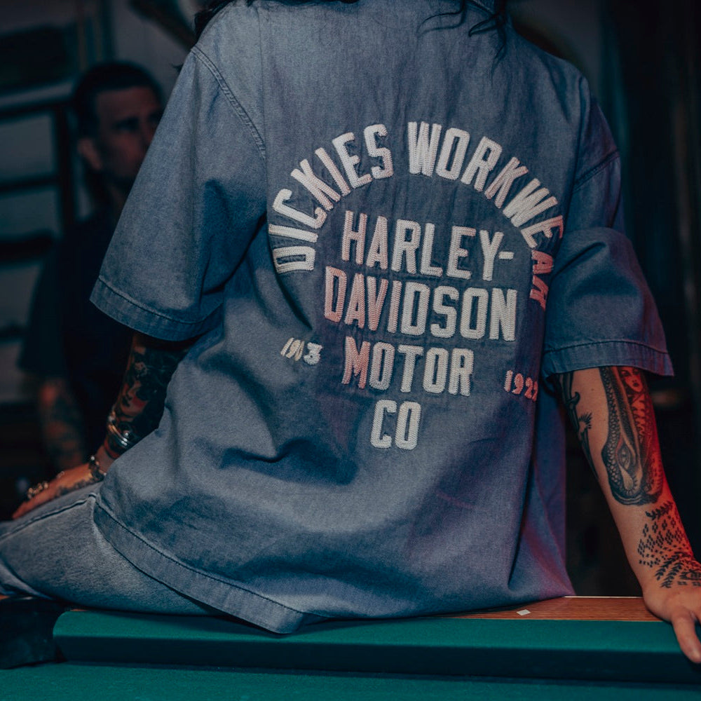 Dickies x Harley Davidson Boxy Chambray Work Shirt- Blue Chambray