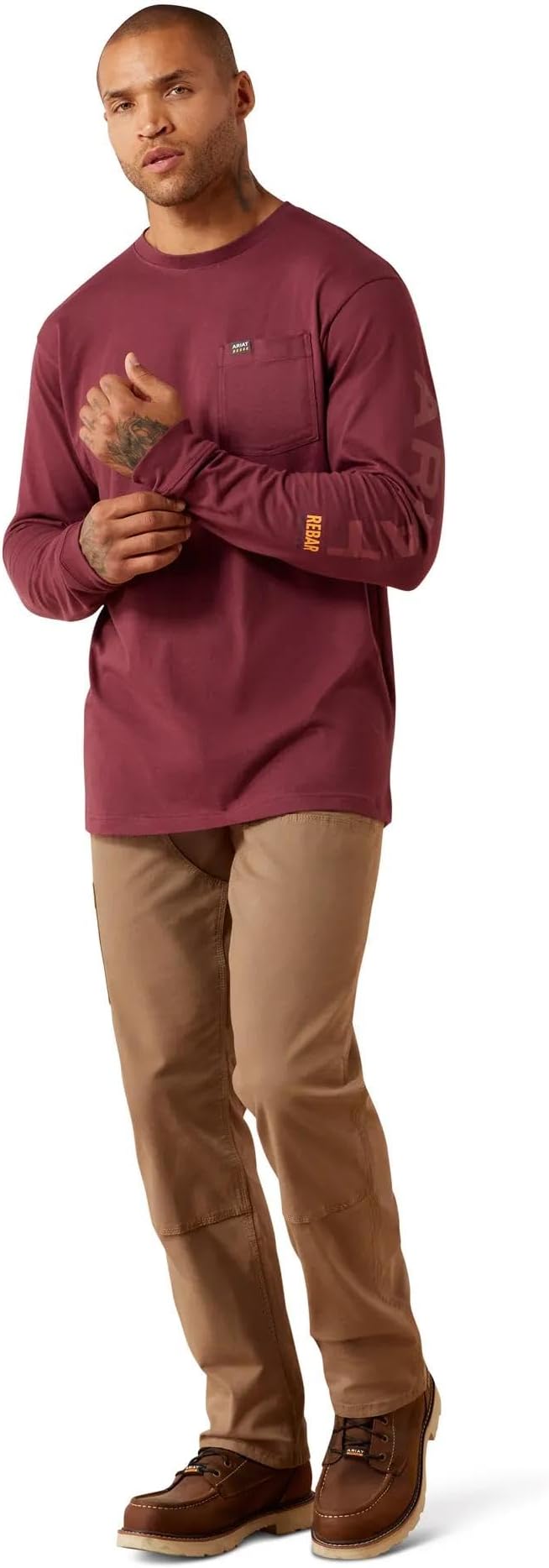 Rebar Cotton Strong Standard Logo Pocket LS T-Shirt- Burgundy/Brick Red