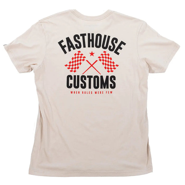 A light beige crewneck t-shirt shown from the back, featuring a graphic print with the words 'FASTHOUSE CUSTOMS' in black and red, flanking two red-and-white checkered flags.