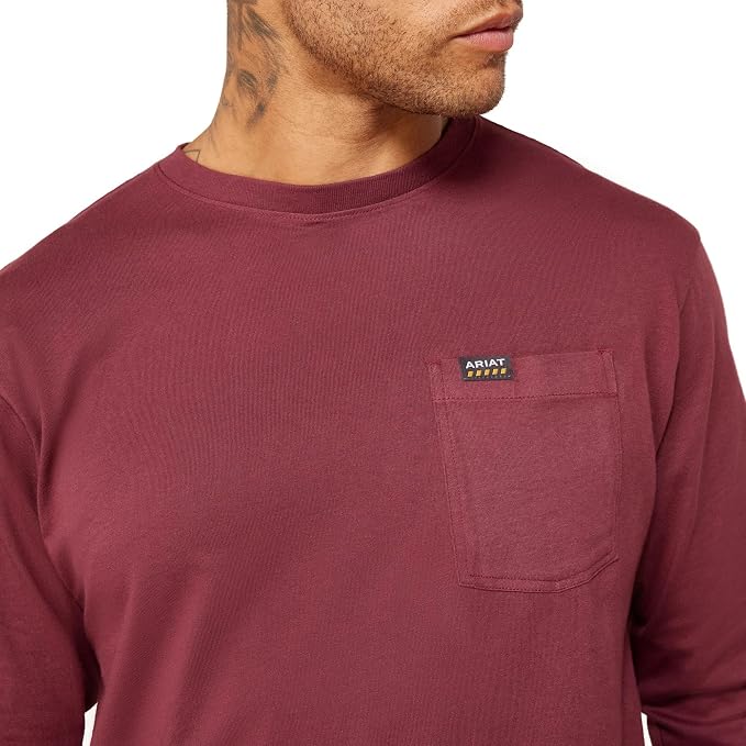 Rebar Cotton Strong Standard Logo Pocket LS T-Shirt- Burgundy/Brick Red
