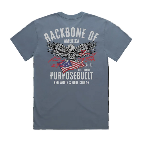 A faded blue t-shirt with a graphic print of an American eagle and the text 'BACKBONE OF AMERICA' and 'PURPOSE BUILT RED, WHITE & BLUE COLLAR'.