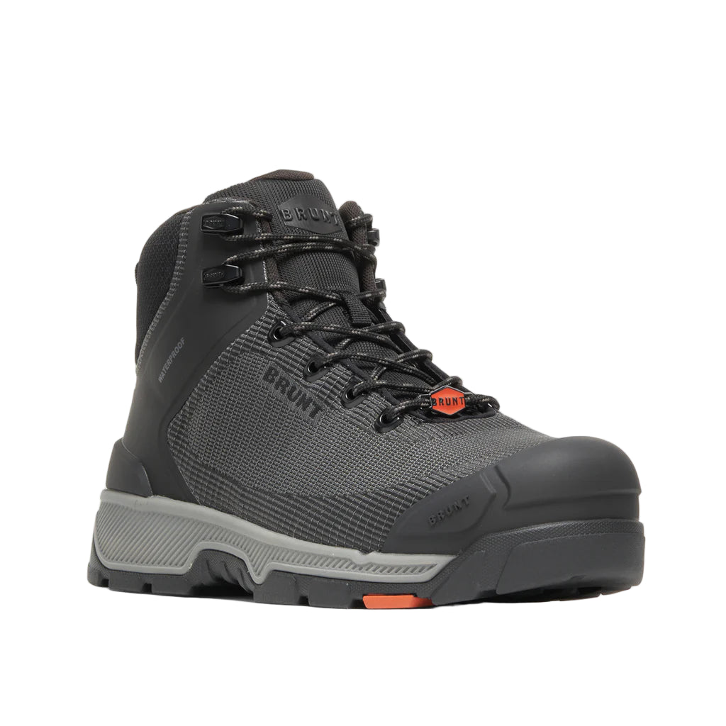 A black composite toe work boot with a lace-up closure, orange detailing, and a gray rubber outsole.