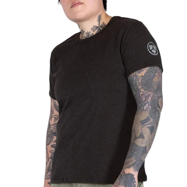 Women's crew neck work tee by Dovetail in black, main product view of the short sleeve tee
