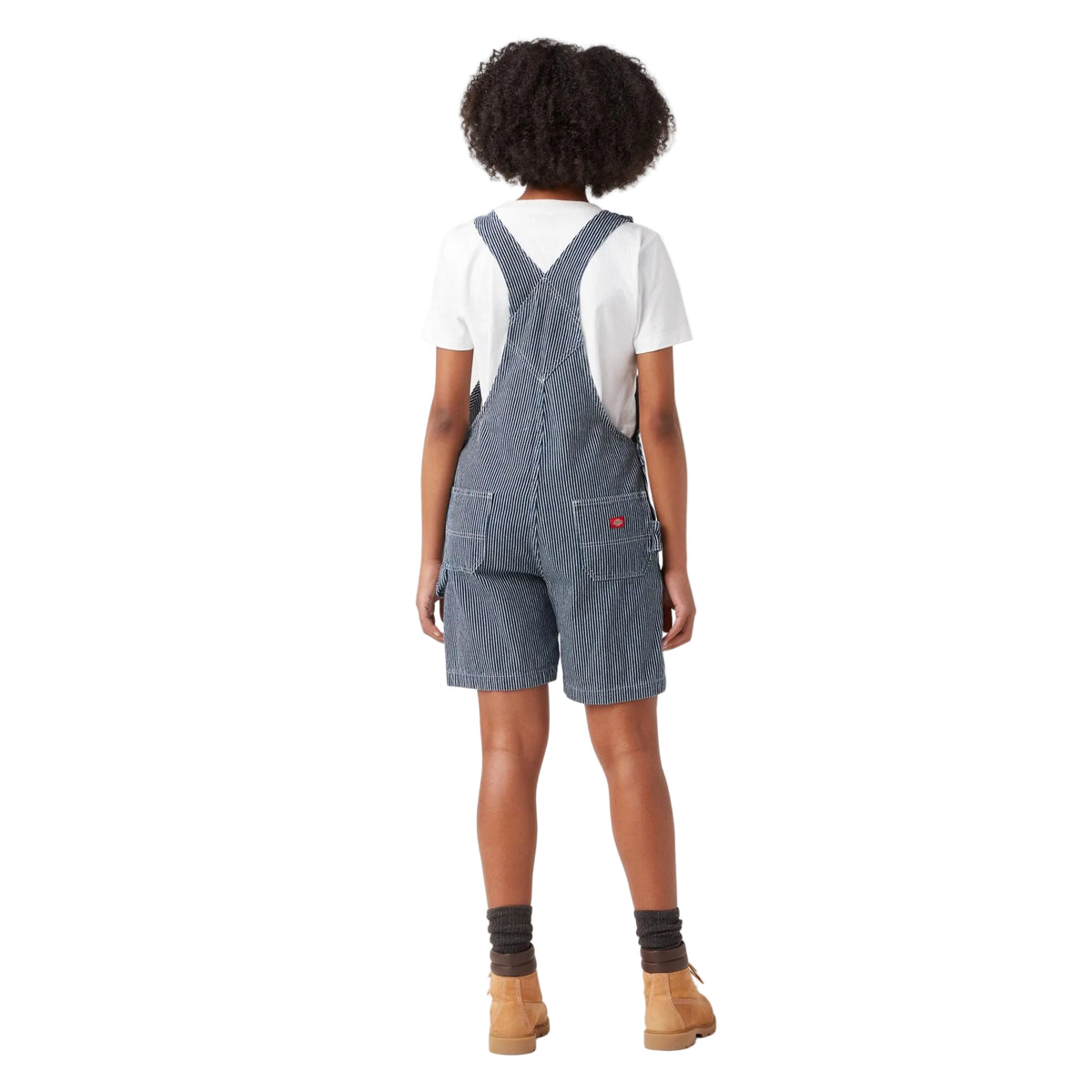 Back view of the Dickies women's hickory stripe bib shortall showing the strap crossback
