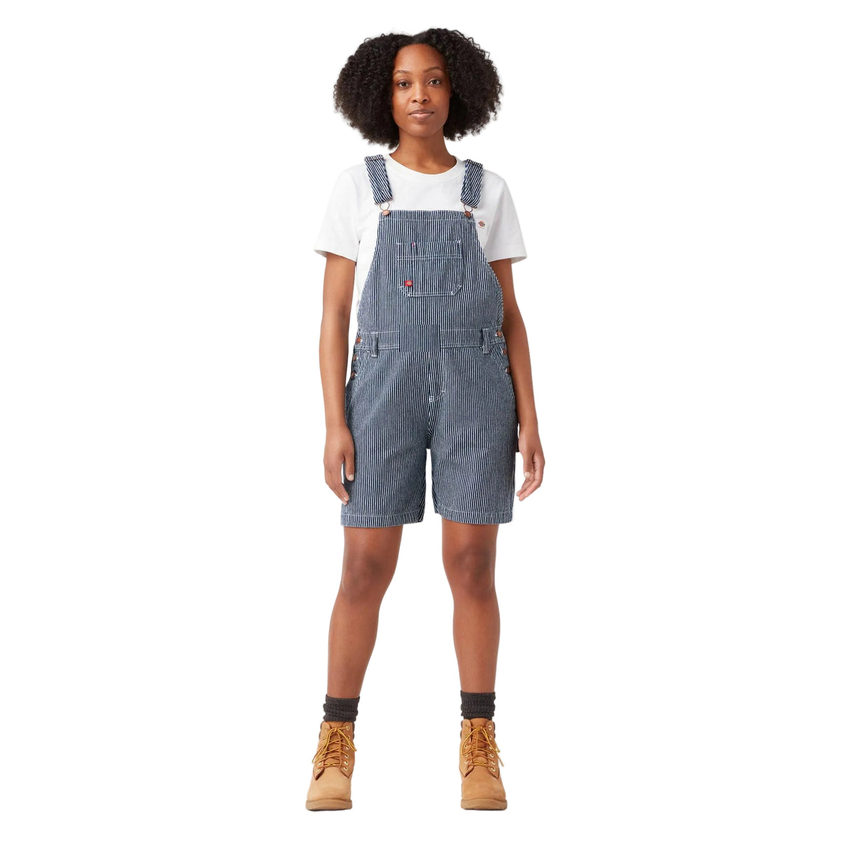 Dickies women's relaxed fit 7 inch bib shortall in rinsed hickory stripe, front view