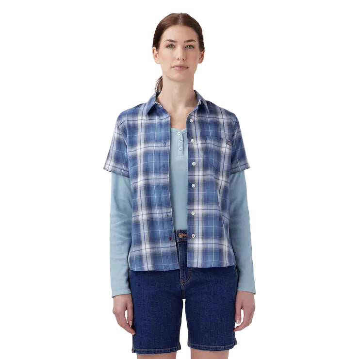 Women's Plaid Woven Shirt - Blue Herringbone Plaid