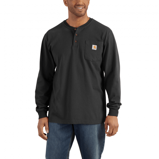 K128 - Loose fit heavyweight long-sleeve pocket Henley t-shirt - Black - Purpose-Built / Home of the Trades