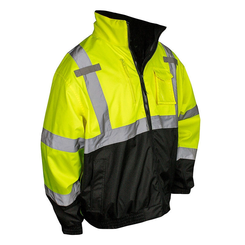 Tough Duck safety bomber jacket in high visibility green with reflective striping