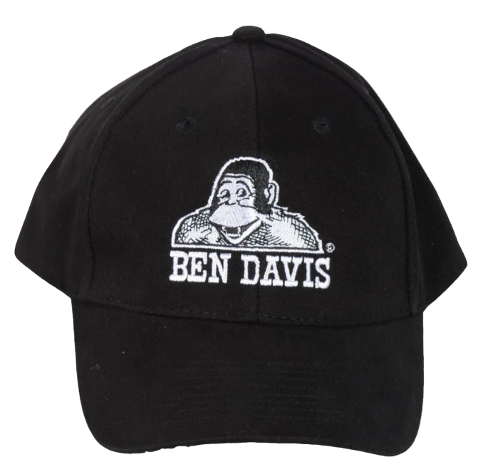 A black baseball cap with the white embroidered logo of Ben Davis on the front.