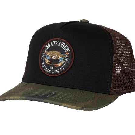 A black trucker hat with a brown mesh back and a camouflage-patterned visor, featuring a circular 'Salty Crew' patch on the front.