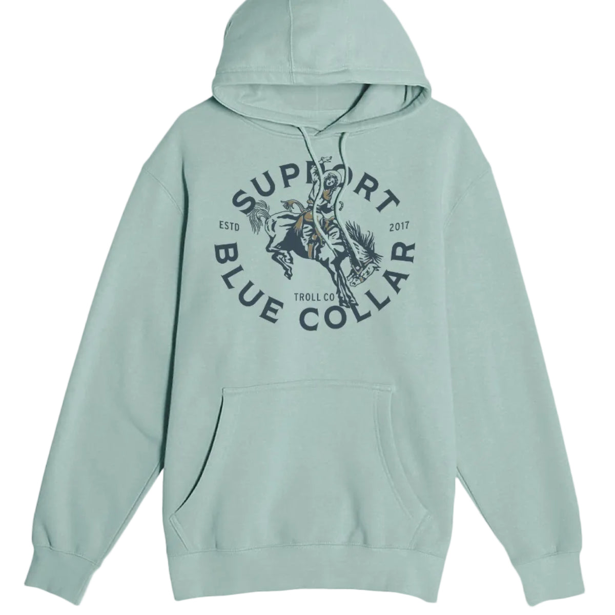 Troll Co. women's SBC Rodeo hoodie in sea foam, front view