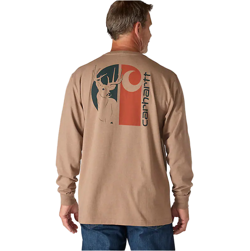 Loose Fit Heavyweight Long-Sleeve Pocket Deer Graphic T-Shirt - Soft Sepia Heather