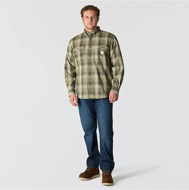 Loose Fit Midweight Chambray Long-Sleeve Plaid Shirt - Dusty Olive
