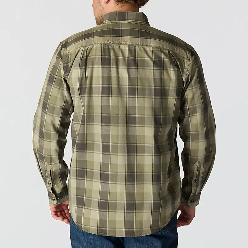 Loose Fit Midweight Chambray Long-Sleeve Plaid Shirt - Dusty Olive