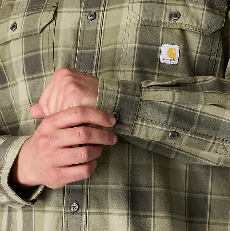 Loose Fit Midweight Chambray Long-Sleeve Plaid Shirt - Dusty Olive
