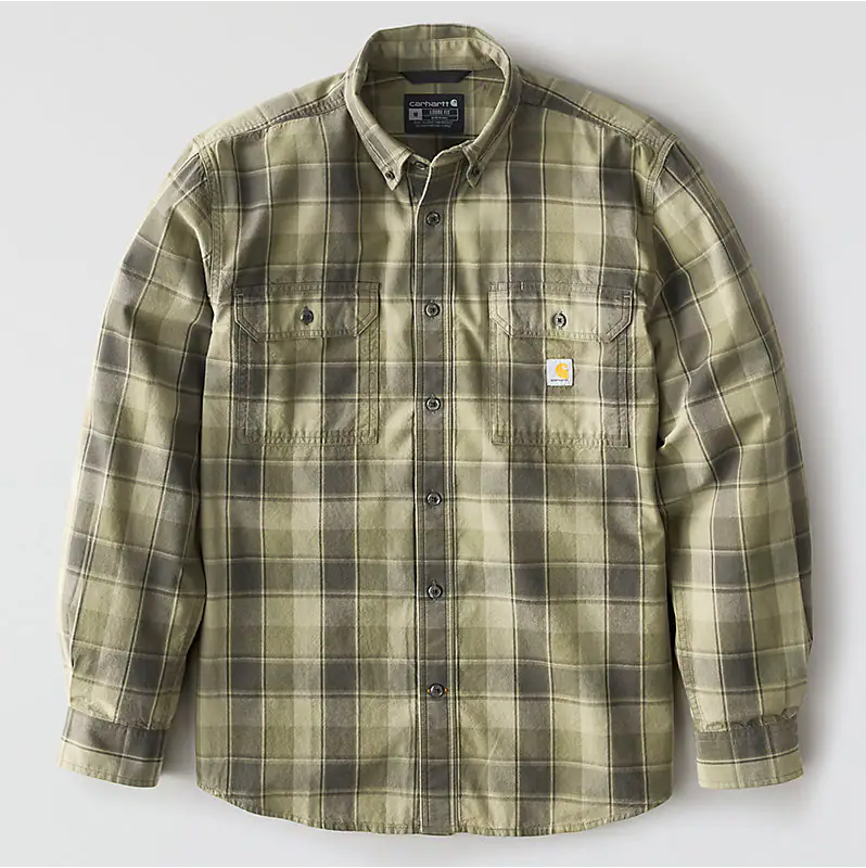 Loose Fit Midweight Chambray Long-Sleeve Plaid Shirt - Dusty Olive