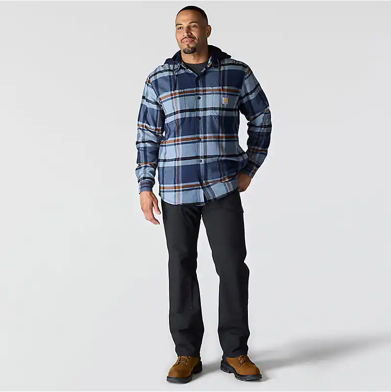 Rugged Flex Relaxed Fit Flannel Fleece Lined Hooded Shirt Jacket - Navy