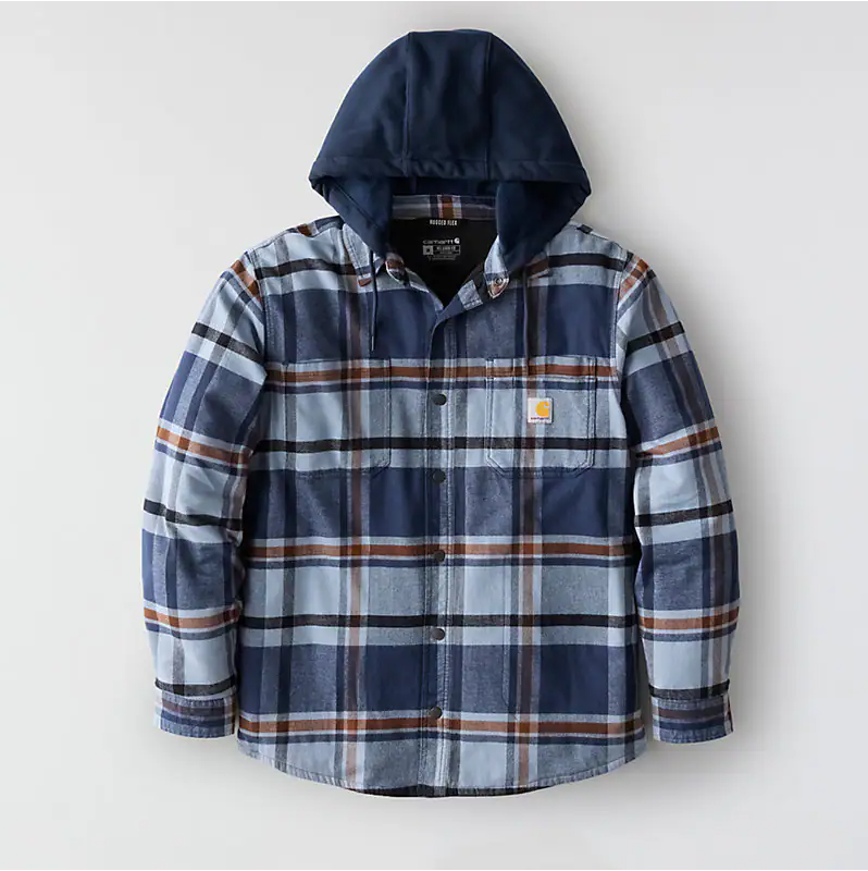 Rugged Flex Relaxed Fit Flannel Fleece Lined Hooded Shirt Jacket - Navy
