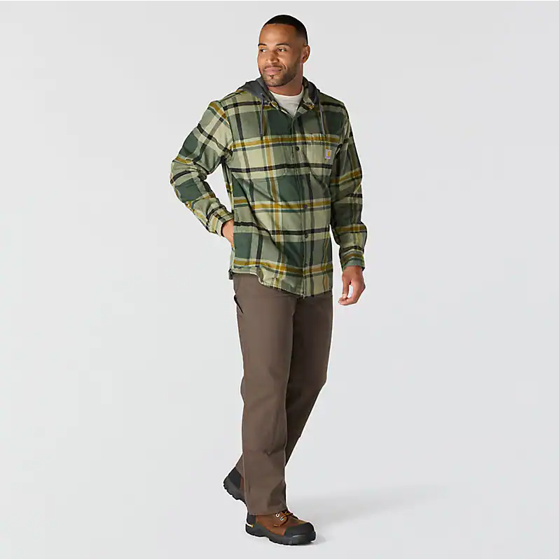 Rugged Flex Relaxed Fit Flannel Fleece Lined Hooded Shirt Jacket - Forestry Green