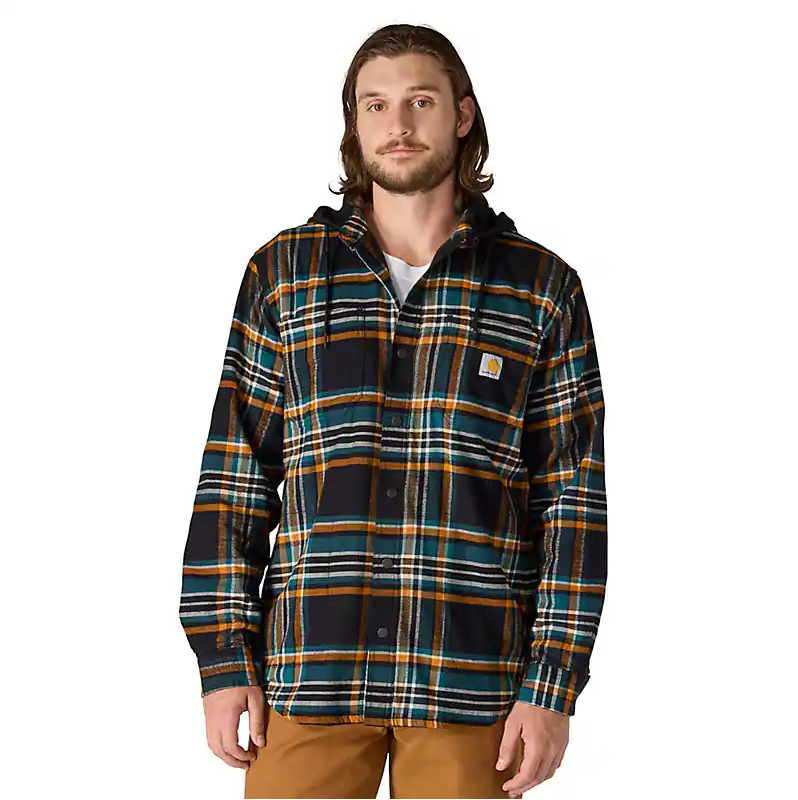 Rugged Flex Relaxed Fit Flannel Fleece Lined Hooded Shirt Jacket - Black