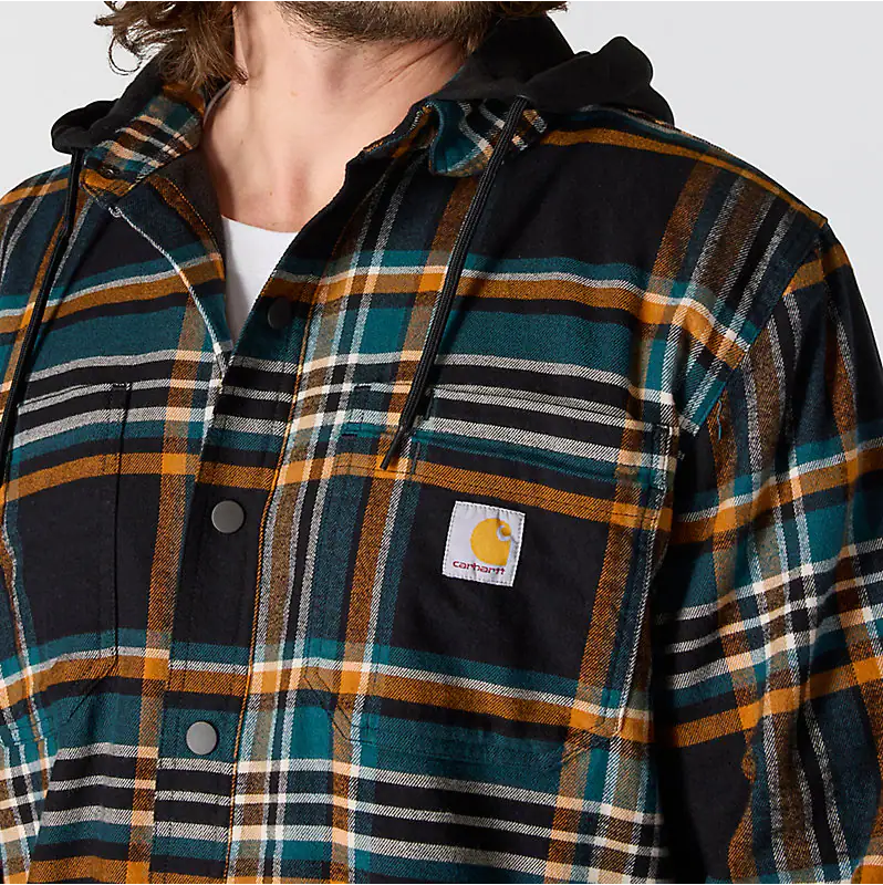 Rugged Flex Relaxed Fit Flannel Fleece Lined Hooded Shirt Jacket - Black
