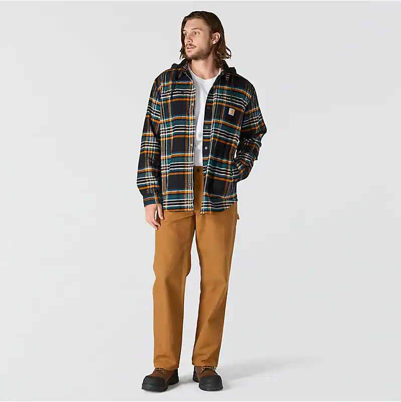 Rugged Flex Relaxed Fit Flannel Fleece Lined Hooded Shirt Jacket - Black