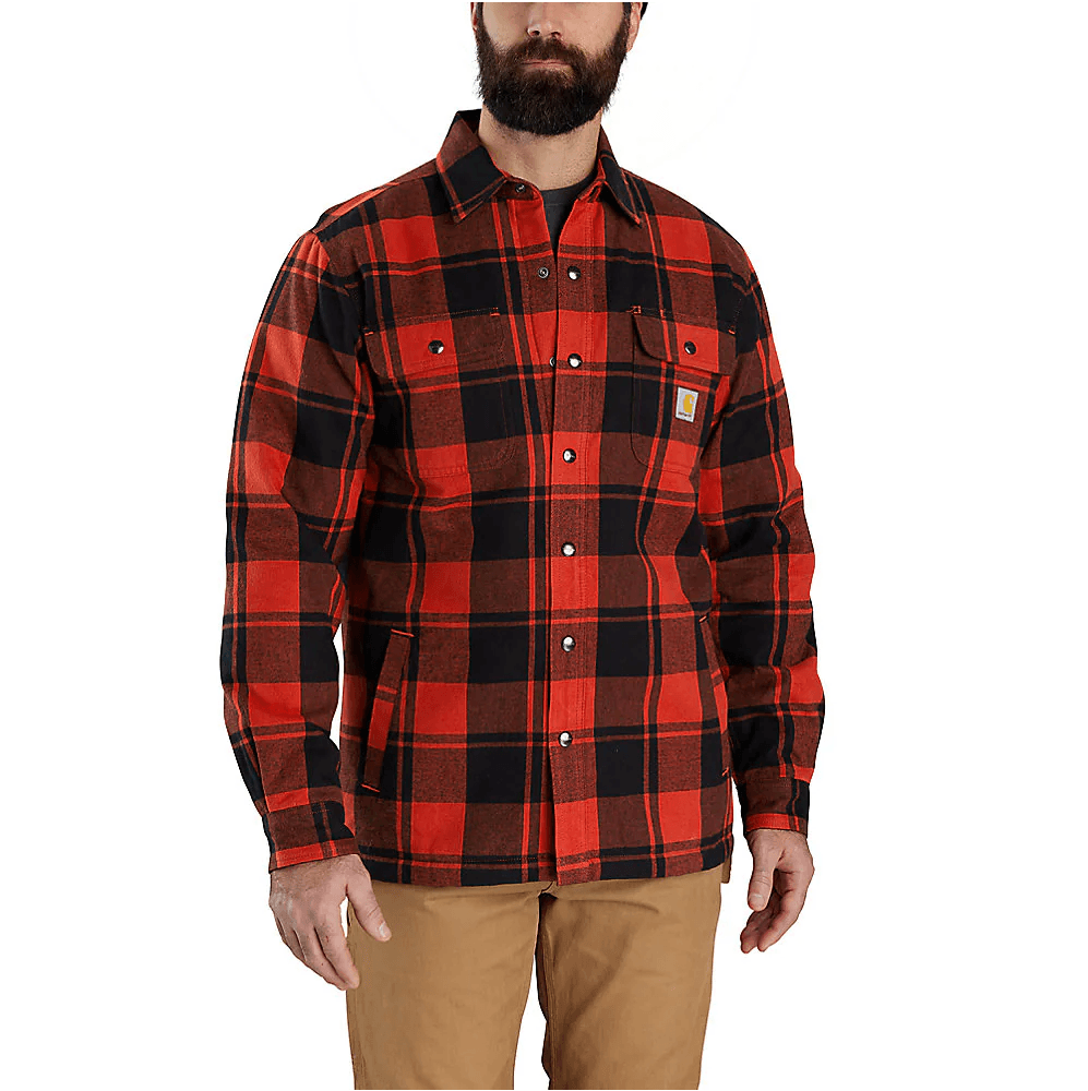 105939 - Relaxed fit flannel sherpa-lined shirt jacket - Red Ochre/Black - Purpose-Built / Home of the Trades