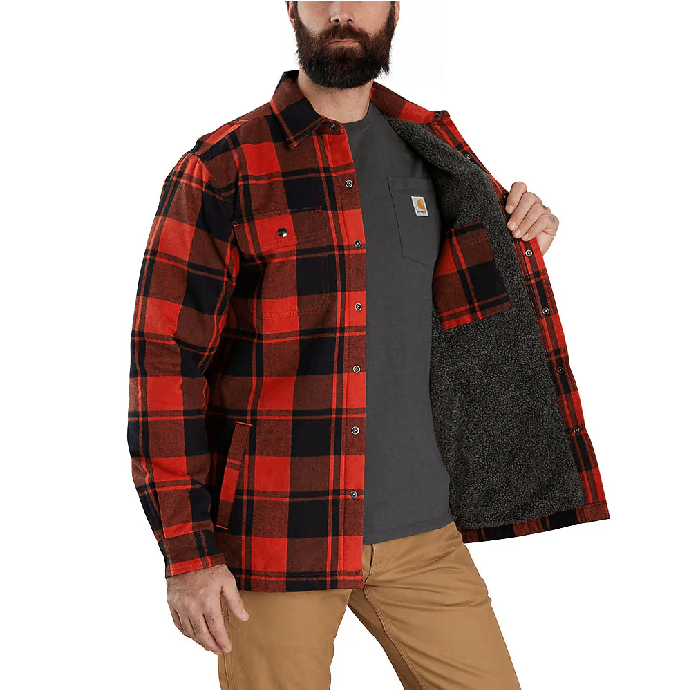 105939 - Relaxed fit flannel sherpa-lined shirt jacket - Red Ochre/Black - Purpose-Built / Home of the Trades