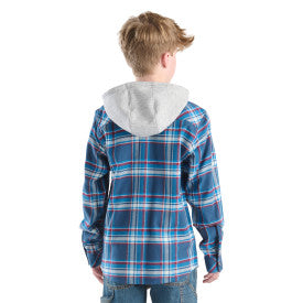 Youth Boys Long-Sleeve Flannel Button-Front Hooded Shirt - Dark Denim