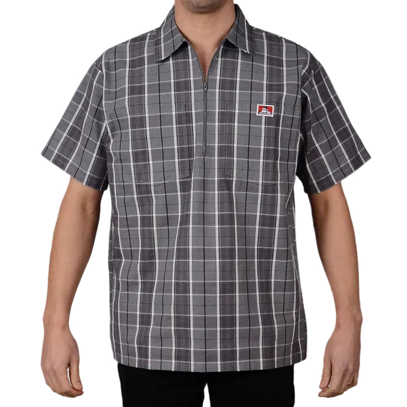 Half zip short sleeve plaid work shirt by Ben Davis in grey and black, available in big and tall sizes