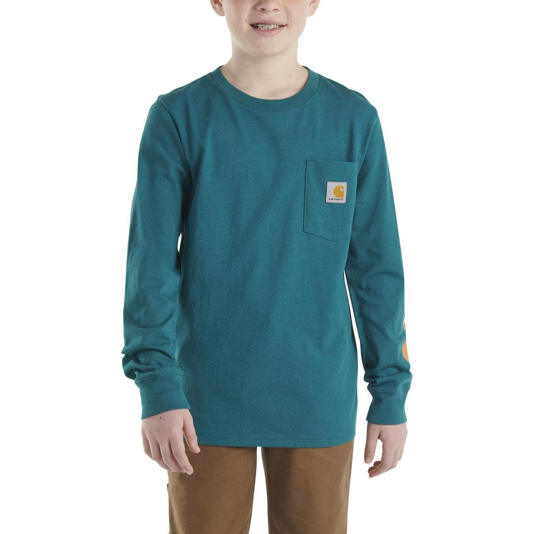 Youth Long-Sleeve Graphic Pocket T-Shirt - Shaded Spruce - Purpose-Built / Home of the Trades