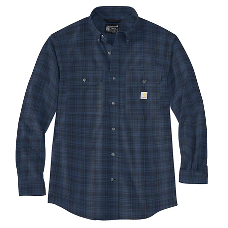 Loose Fit Midweight Chambray Long-Sleeve Plaid Shirt - Dark Blue