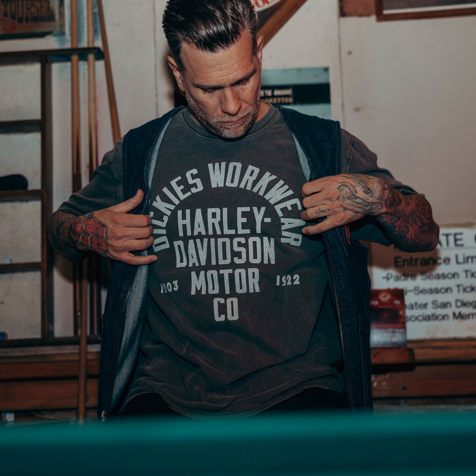 Denim vest Harley davidson ディッキーズ ベスト Dickies X Harley