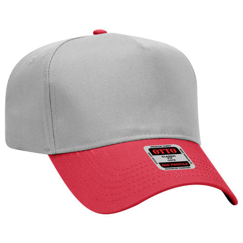 31-069 - 5 Panel Mid Profile Baseball Cap, Red/Grey