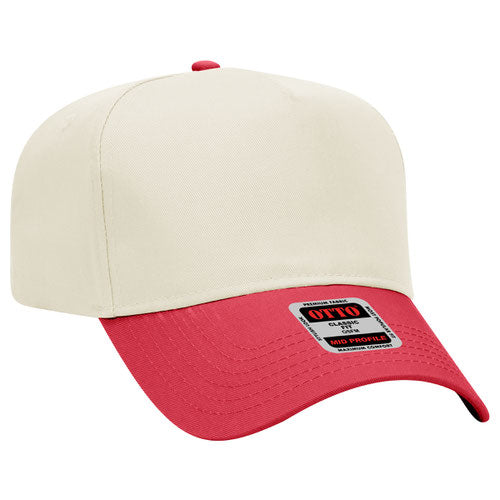 31-069 - 5 Panel Mid Profile Baseball Cap, Red/Natural