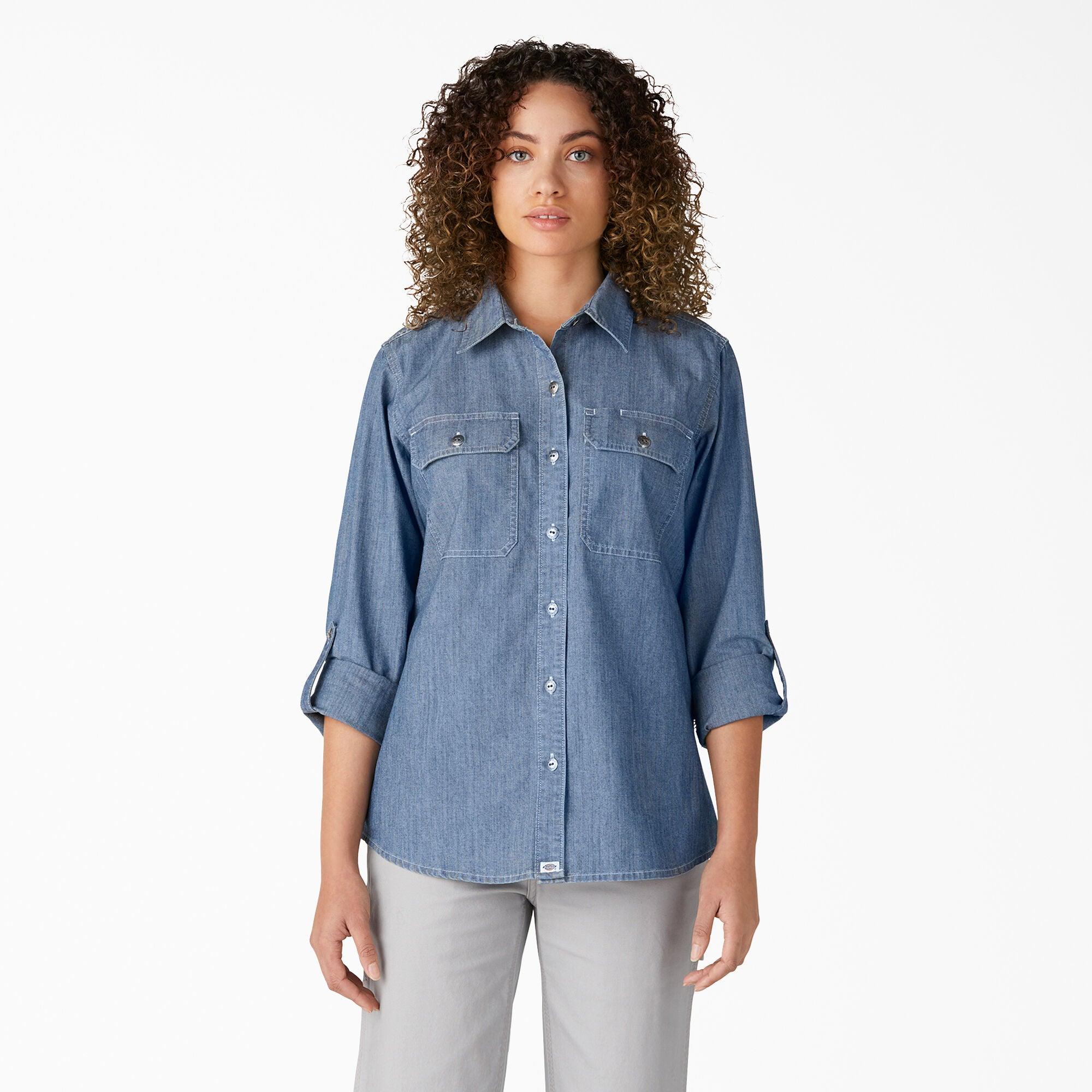 Women’s Chambray Roll-Tab Work Shirt, Stonewashed Light Blue - Purpose-Built / Home of the Trades