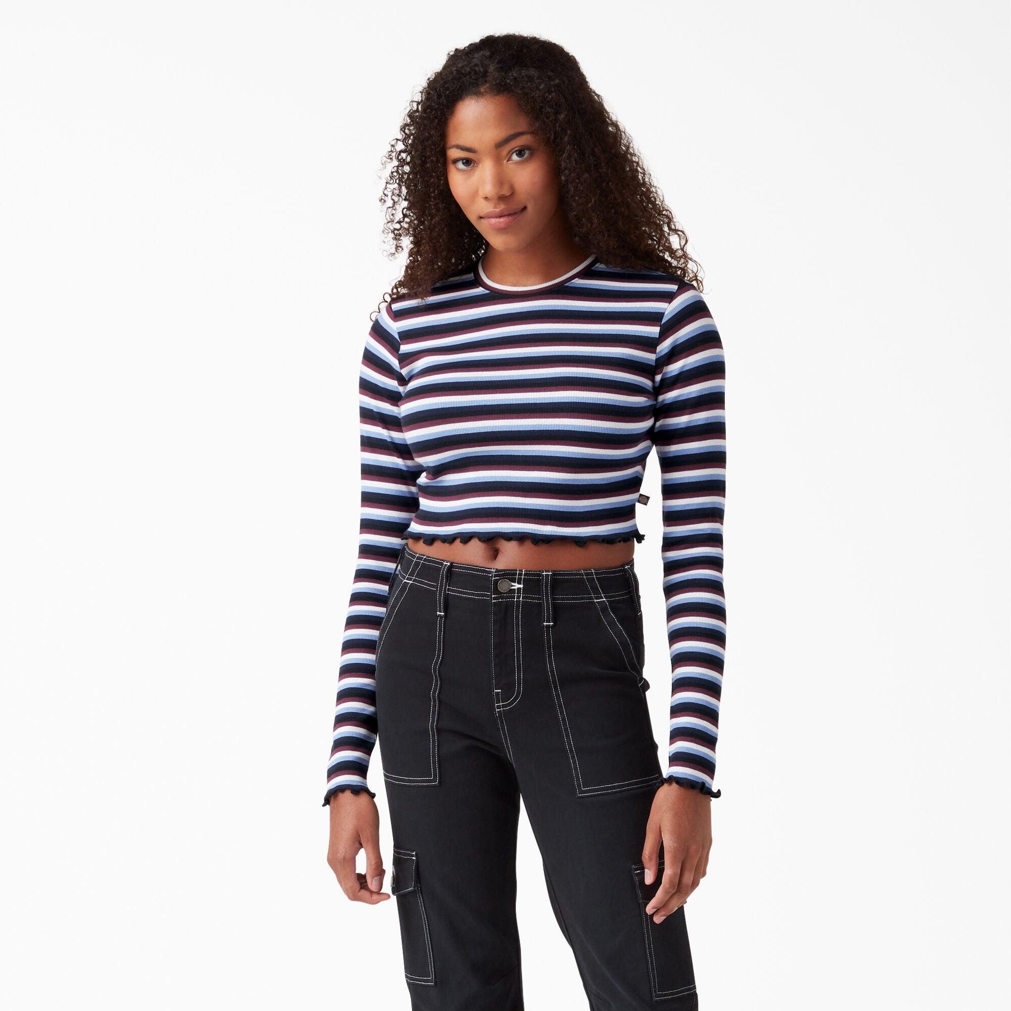 Women's Striped Long Sleeve Cropped T-Shirt - Wine/Jacaranda Baby Stripe - Purpose-Built / Home of the Trades