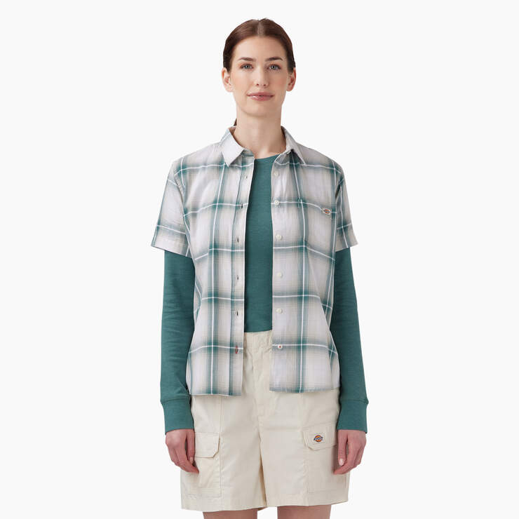 Women's Plaid Woven Shirt - Green Herringbone Plaid