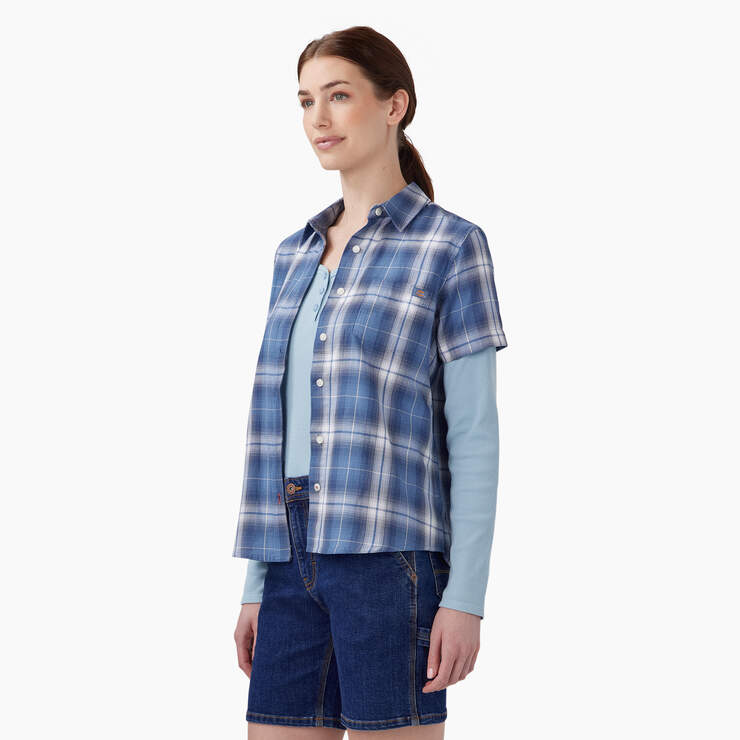 Women's Plaid Woven Shirt - Blue Herringbone Plaid