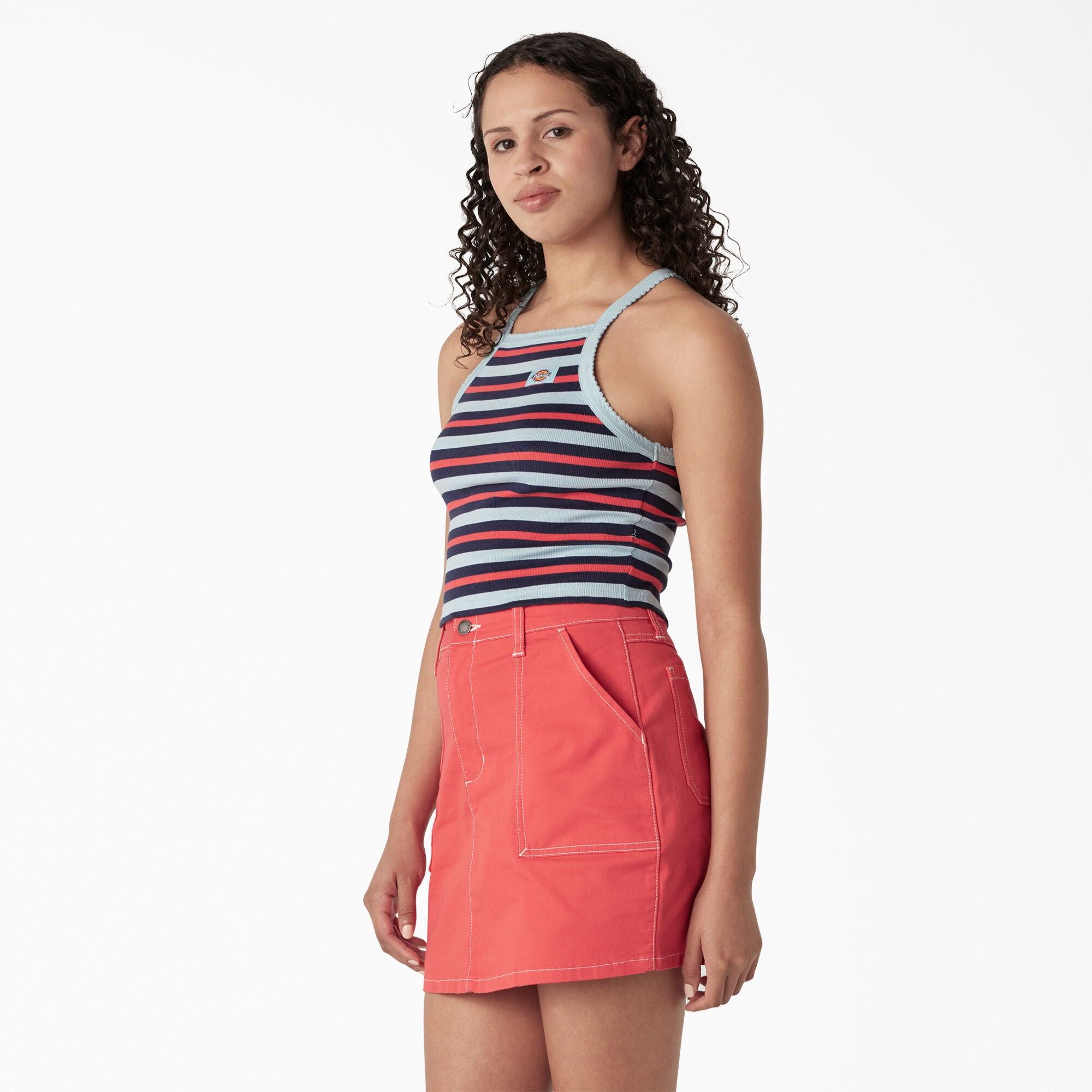 Women's Rib Knit Cropped Tank Top, Sky Blue Summer Fair Stripe - Purpose-Built / Home of the Trades