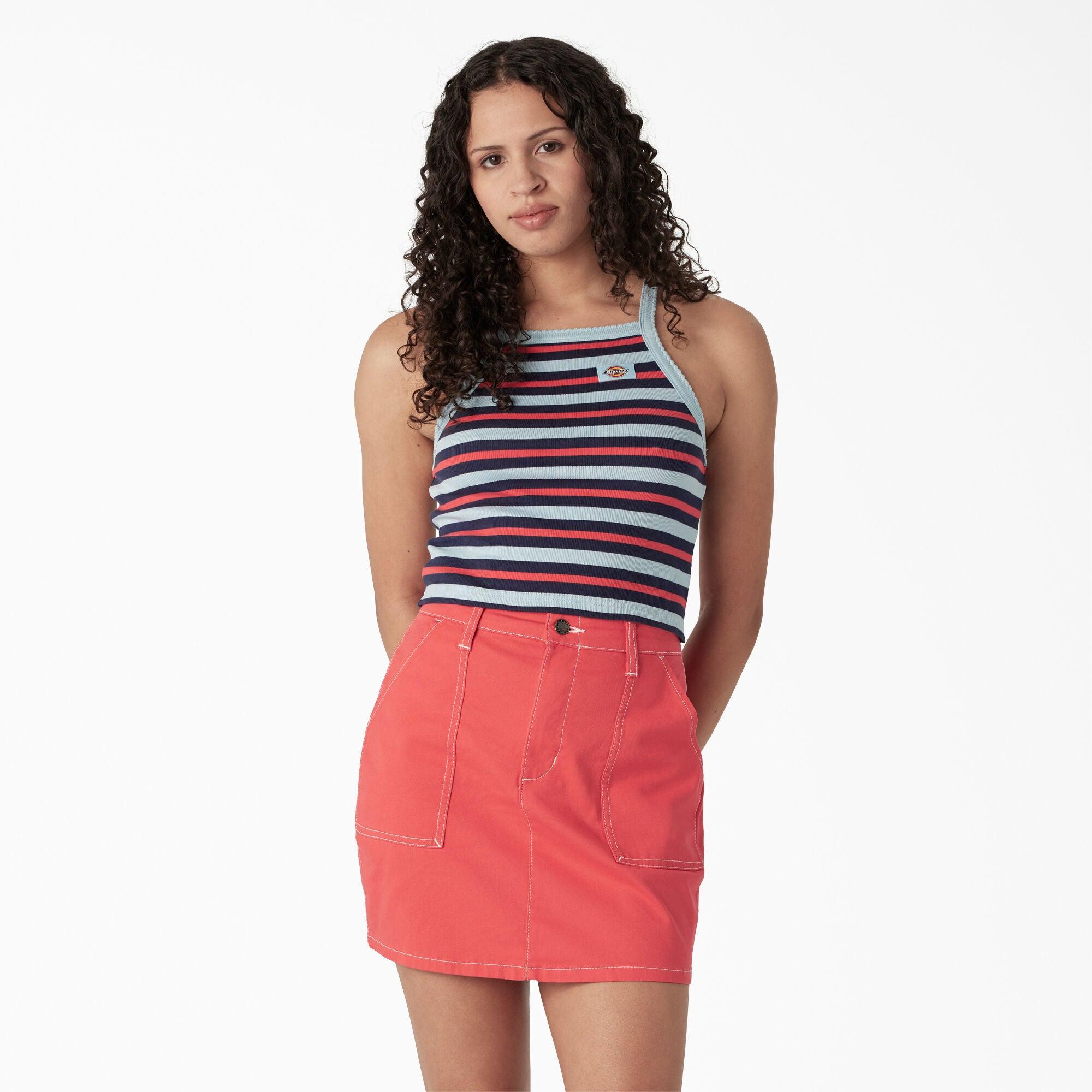 Women's Rib Knit Cropped Tank Top, Sky Blue Summer Fair Stripe - Purpose-Built / Home of the Trades