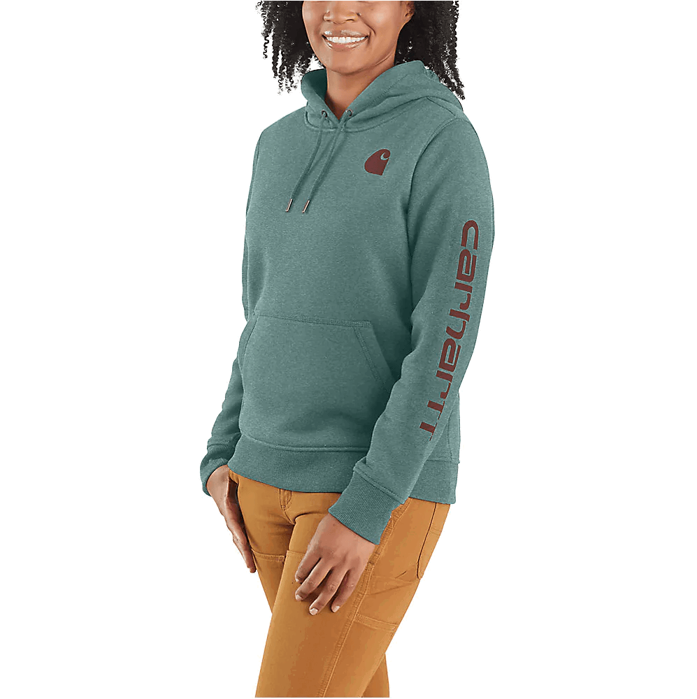 102791 - Women's relaxed fit midweight logo sleeve graphic hoodie - Sea Pine Heather w/Sable graphic - Purpose-Built / Home of the Trades -  - 