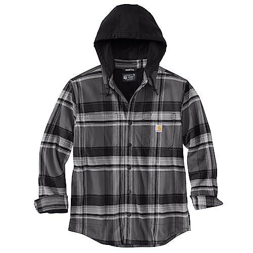 105938 - Rugged flex® relaxed fit flannel fleece lined hooded shirt jacket - Black /Shadow - Purpose-Built / Home of the Trades -  - 