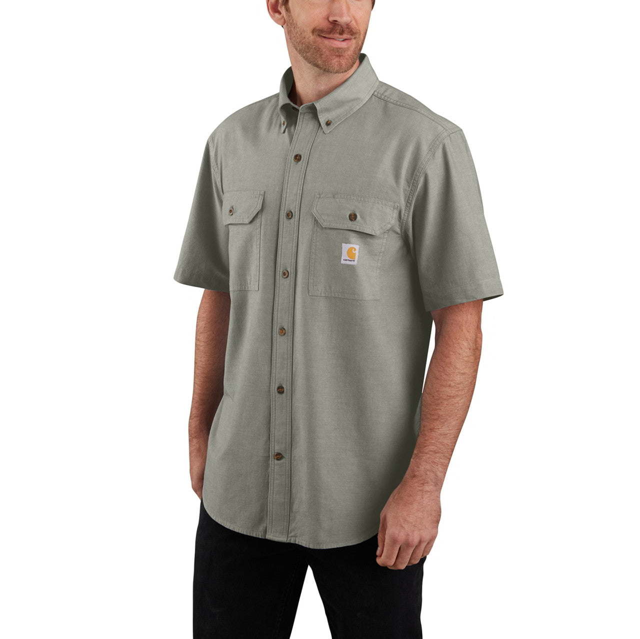 Loose Fit Midweight Chambray Short-Sleeve Shirt, Dusty Olive