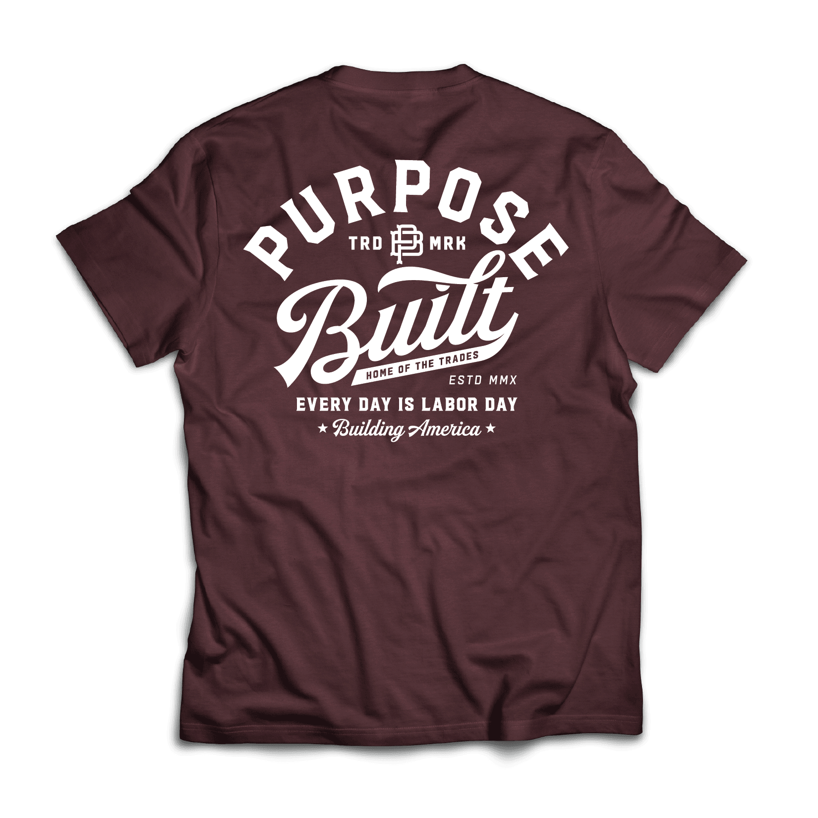 Purpose-Built Script Tee, Maroon - Purpose-Built / Home of the Trades